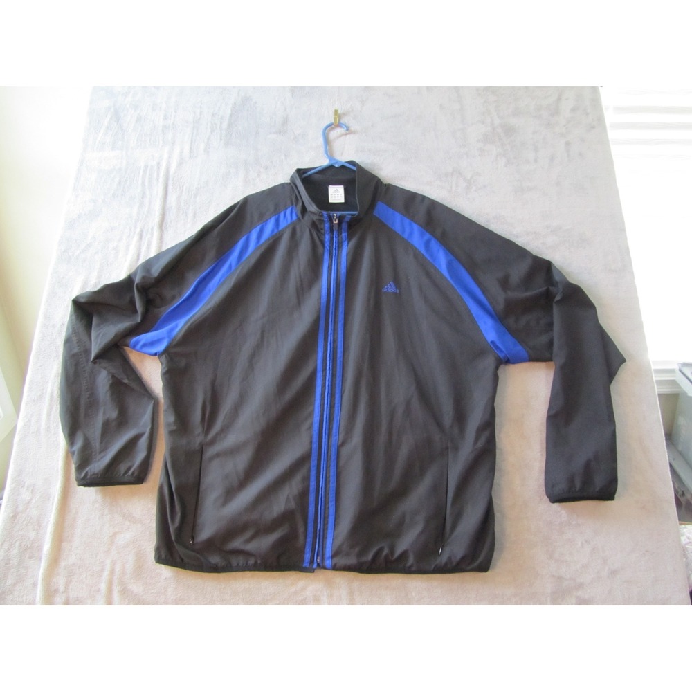 Adidas Jacket Mens 2XL Black Blue ClimaProof Windbreaker Full Zip Mesh Lined